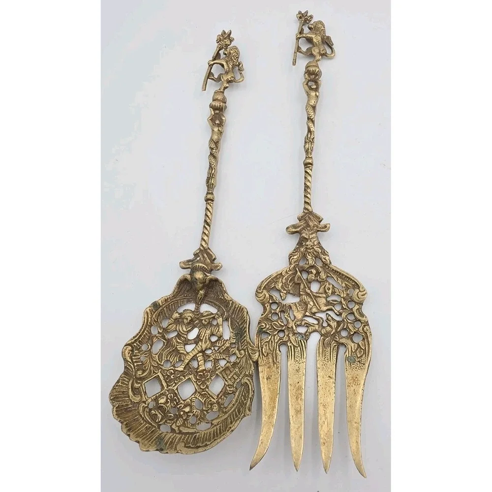 Vintage Italian 6 Piece Serving Set Lions Holding Scepter Brass Gothic Italy